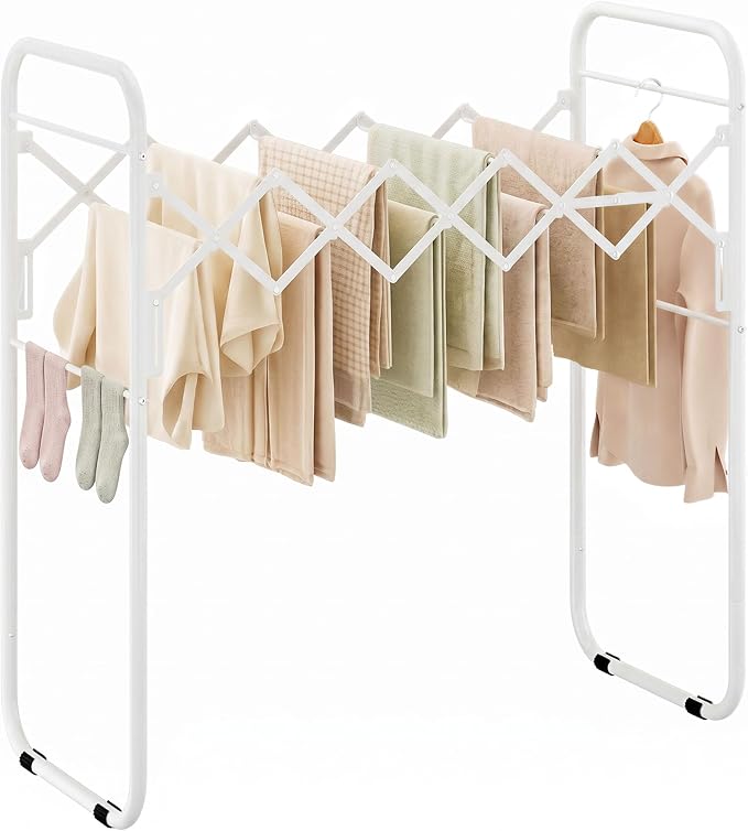 STORAGE MANIAC Clothes Drying Rack Foldable for Indoor Outdoor Use, White | 13 Drying Rails Accordion | Antirust Metal Free-Standing Laundry Drying Rack for Clothing Towels | 16.9"D x 36.4"W x 38.2"H