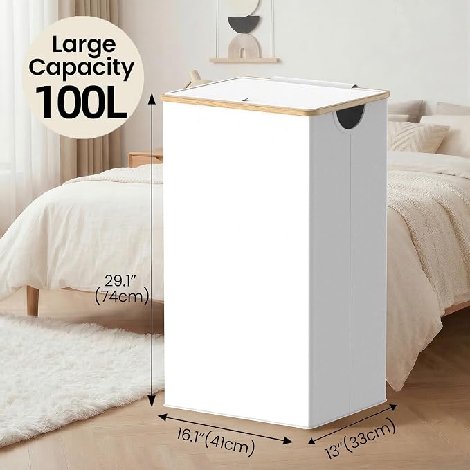 efluky Laundry Hamper with Lid, 100L Tall Laundry Basket with Bamboo Handles for Clothes and Toys, Collapsible Laundry Hamper with Inner Bag for Bedroom and Bathroom, White
