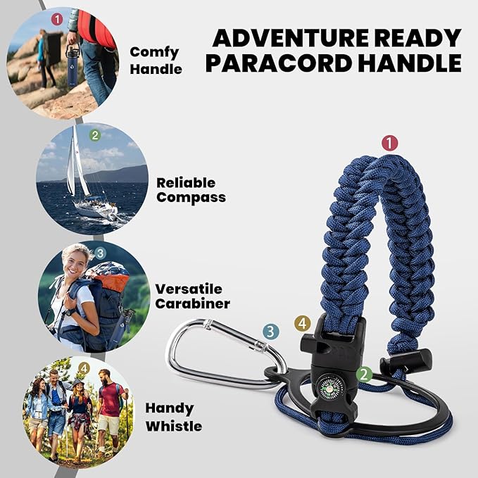 RAYMYLO Insulated Water Bottle 24 oz, Triple Wall Vacuum Stainless Steel (Cold for 24Hrs, Hot for 12Hrs), Leak Proof & Non-BPA, Modern Water Flask Jug with Paracord Handle & Straw Spout Lids