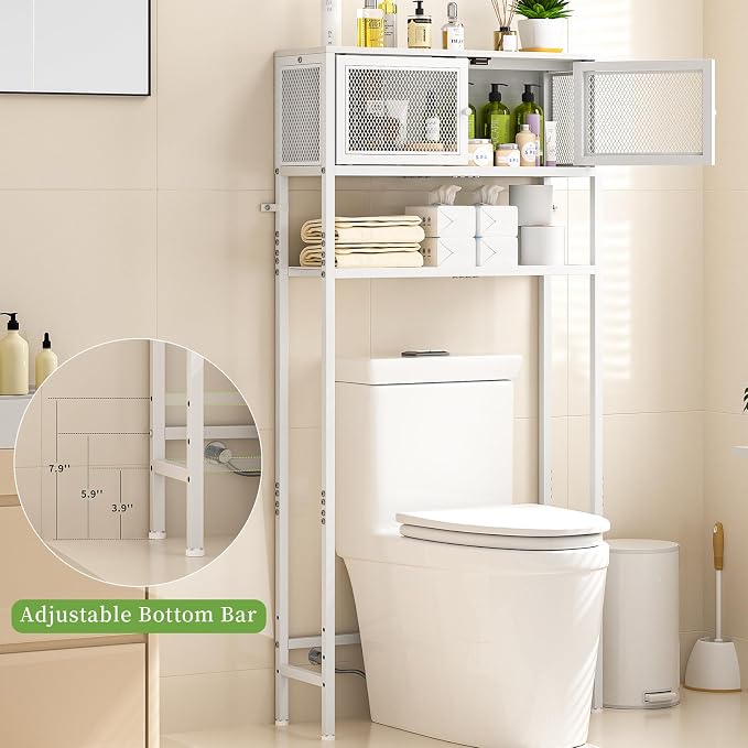 ThreeHio Over the Toilet Storage Cabinet with Doors, Bathroom Organizer Shelf Above Toilet, Bathroom Storage Cabinet Over Toilet, Freestanding Space Saver Metal Shelves for Small Space, White
