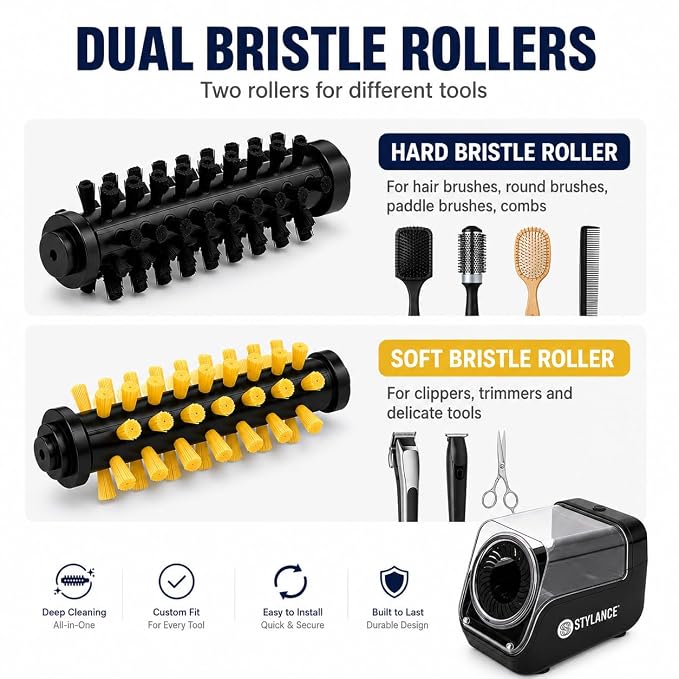 Mini Electric Hair Brush Cleaner for Barbers, Automatic Brush Cleaning Machine with Soft and Hard Bristle Rollers for Hair Brushes, Round Brushes, Clippers, Salon Tools and Home Use