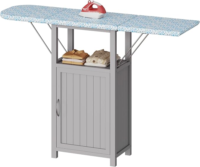 Ironing Board with Storage Cabinet, Ironing Station with Extra Storage | Ironing Board Cabinet with Heat-Resistant Pad, Ironing Table, Wood Folding Ironing Board for Small Spaces, Laundry Room, Grey