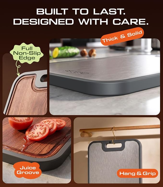 Titanium Cutting Boards for Kitchen, Ebony Wood Cutting Board BPA-Free, Large(15.8"x11") Dual-Sided Non Toxic Chopping Board for Hygienic Food Prep, Knife-Friendly, with Juice Groove