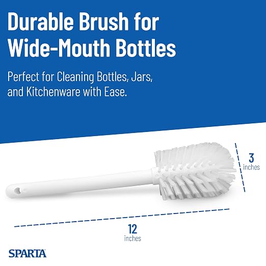 SPARTA Large Water Bottle Brush Ideal for Wide-Mouth Jars, Bottles and Tumblers, Dishwashing Tool with Handle for Home and Commercial Kitchens, Plastic, 12 Inches, White, (Pack of 6)