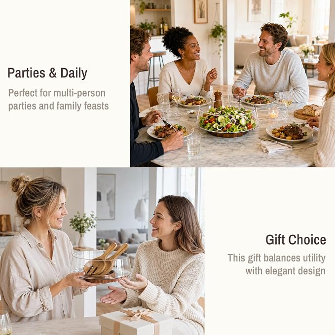 SoulTimes 4.7Qt Extra Large Glass Salad Bowl Set - Party Salad Bowls with Wood Base & Serving Utensils for Fruits, Pasta, etc. Clear Glass Bowl Set - Elegant Holiday Gift Choices