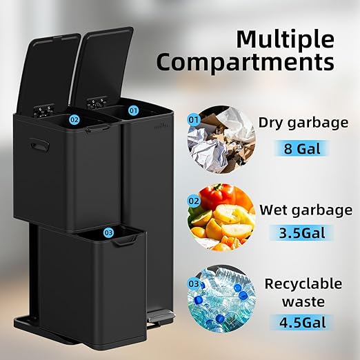 mVm 3 Compartment Kitchen Trash Can, 16 Gal Black Triple Trash Can, Heavy Duty Stainless Steel Garbage Can Anti Fingerprint Recycling Bin for Office