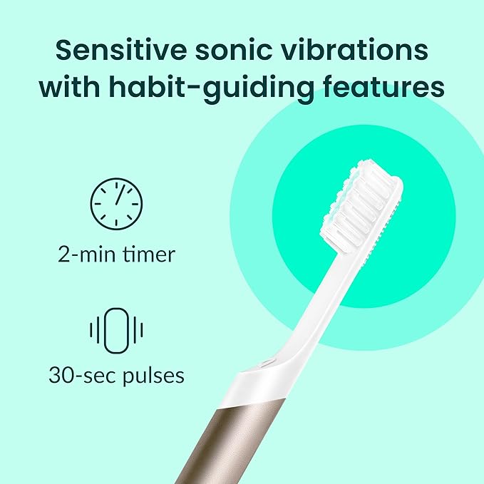 Quip Metal Sonic Electric Toothbrush for Adults - Time Travel & Soft Bristles with Travel Case & Replacement Brush Head - 3 Month Battery Life, Dawn Peach Gold