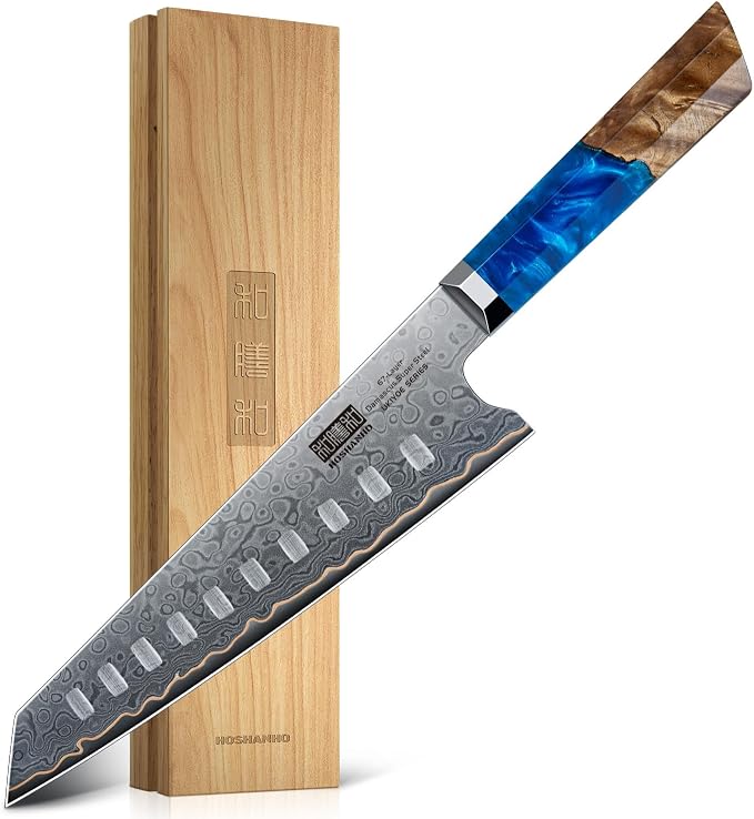 HOSHANHO 7" Damascus Santoku Knife, 67-Layer Damascus Kitchen Chef Knife | Ultra Sharp Professional Kitchen Knives with Ergonomic Blue Resin Stabilized Wood Handle and Wood Gift Box
