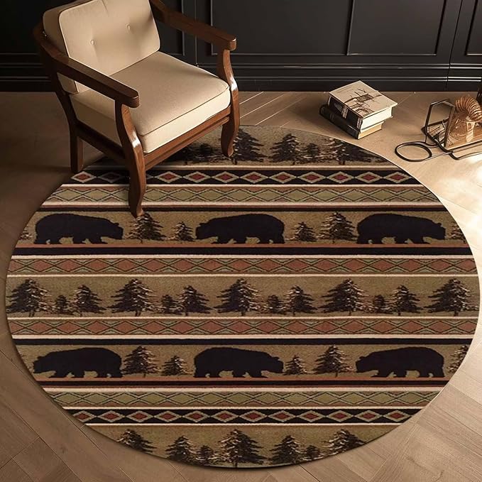 Bear Cabin Round Area Rug 2ft for Hallway Non-Slip Vintage Moroccan Geometric Diamond Distressed Area Rugs Couch Decor Luxury Western Wildlife Animal Print Carpet