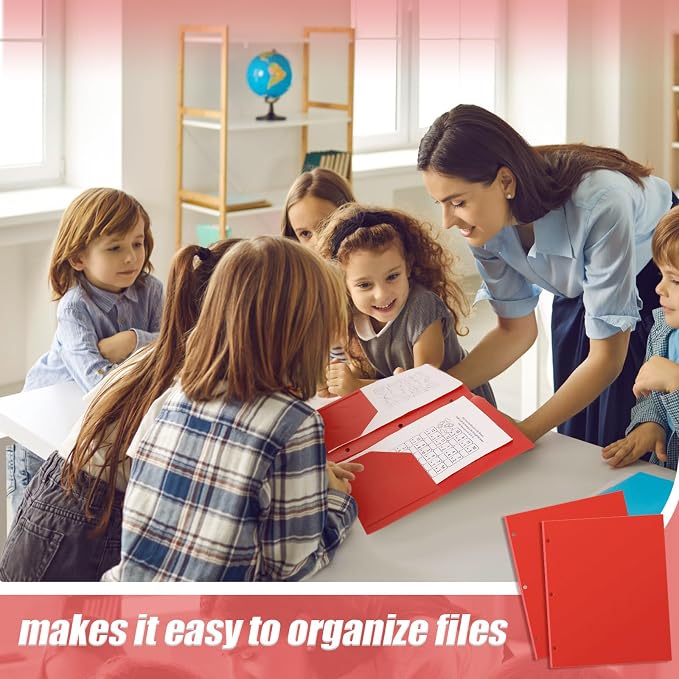 Yeaqee 100 Pcs Plastic Folders with Pockets Bulk 3 Hole Punched 2 Pocket File Folders for 3 Ring Binder Divider Folder for Notebooks, Durable Poly for Office Home (Red)