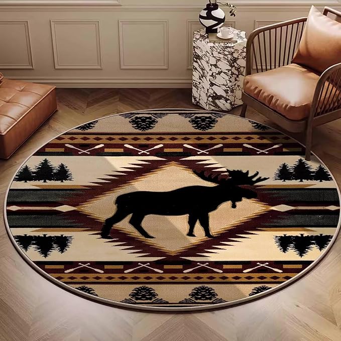 Woodland Forest Animal Area Rugs 6ft for Conference Room Non-Slip Luxury Pine Cone Round Rug Balcony Decor Rustic Cabin Moose Deer Rug