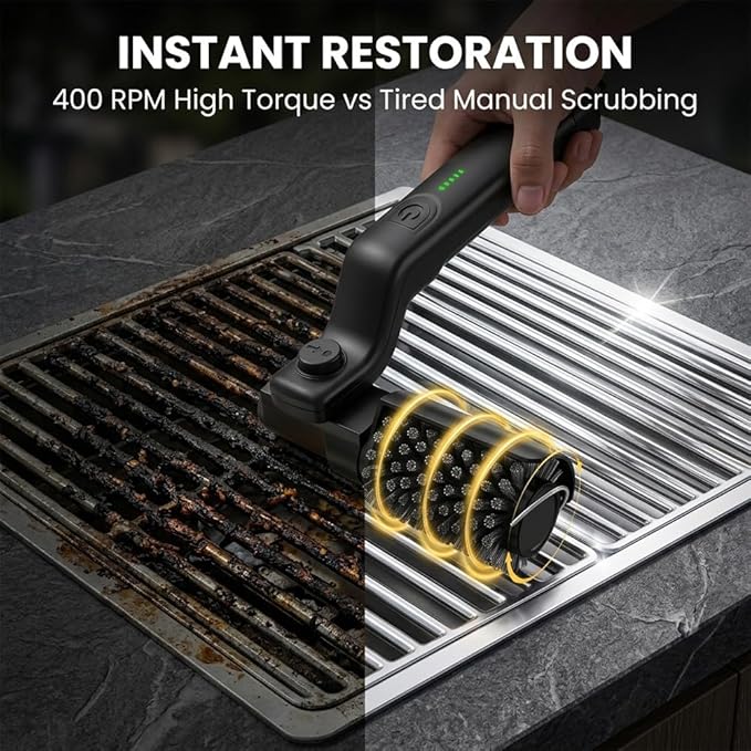 Electric Grill Brush Cleaner for Outdoor Grill, 3 Speed Adjustable Electric BBQ Grill Brush with Cordless Rechargeable Battery, Rotary Cleaning Head BBQ Grill Cleaner Tool