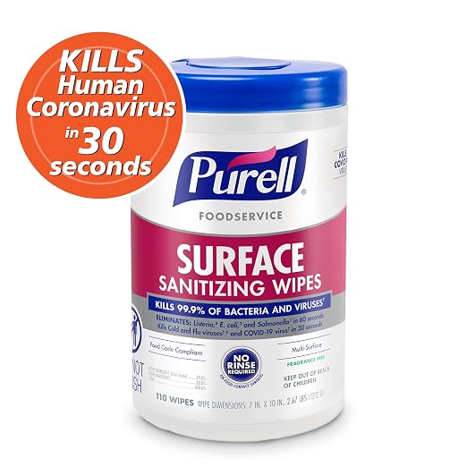 PURELL Foodservice Surface Sanitizing Wipes, Fragrance Free, 110 Count Canister, 7"x 10" Wipes (Pack of 6) - 9341-06