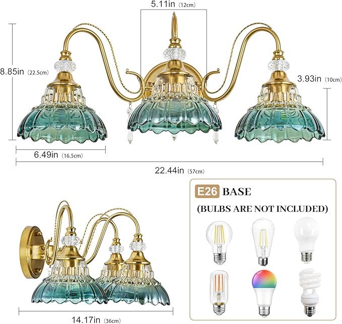 Vintage Bathroom Vanity Light, 3-Light Brushed Gold Finish Wall Sconce with Hanging Crystal Accents and Flower-Shaped Teal Glass Shades, Retro Wall Mount Vanity Light Over Mirror for Bathroom