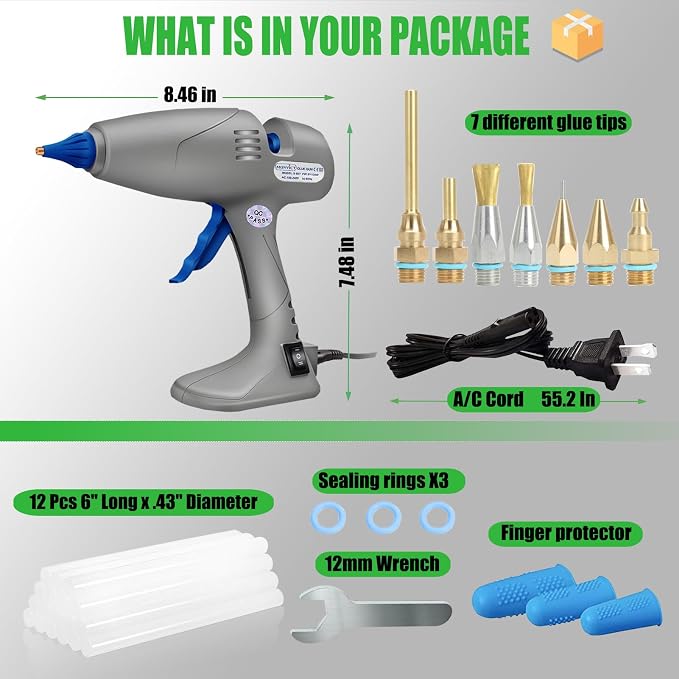 MONVICT Hot Melt Glue Gun with 7 Copper Nozzles, Heavy Duty | 3 Silicone Finger Covers, 12 Glue Sticks Dual Temperature Switching, Corded Detachable Cord Use for Art DIY Craft repair