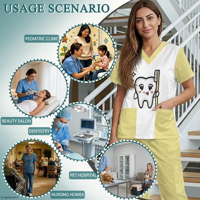 Gomyblomy Women's Scrubs Suit 3-Piece Set | Teeth Print V-Neck Top & Pants & Cap, Breathable and Stretch Fabric, S-5XL