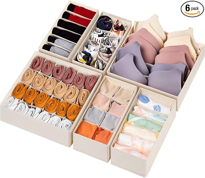 Criusia 6 Pack Sock Underwear Drawer Organizer Dividers, 58 Cell Foldable Fabric Dresser Closet Organizers and Storage Bins for Clothing, Baby Clothes, Bra, Panty, Scarf, Ties (Beige)