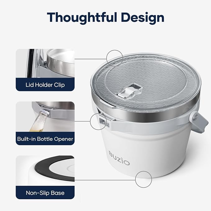 BUZIO 7 L Ice Bucket with Lid Scoop & Tongs & Adjustable Shoulder Strap | Double Wall Vacuum Insulated Stainless Steel Large Beverage Buckets, 48 Hrs Cold Retention for Parties, for Cocktail Bar