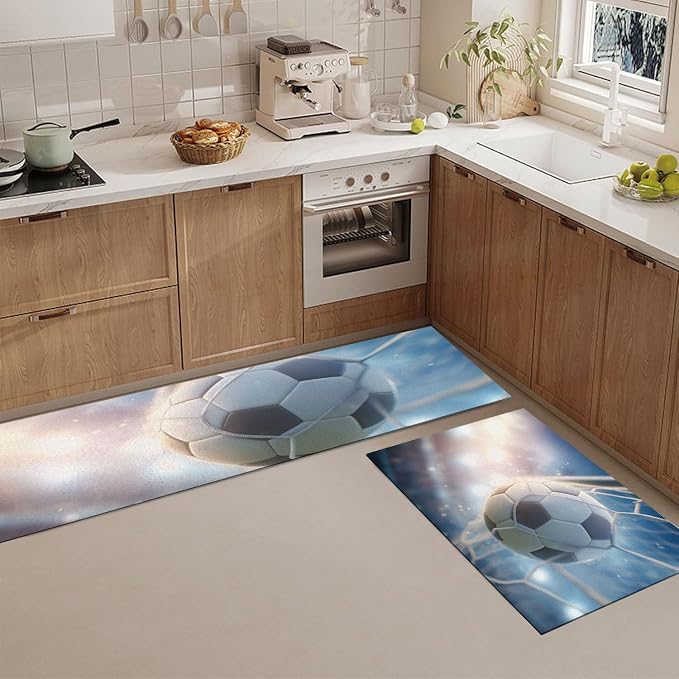 2 Pcs Kitchen Rugs and Mats Blue Soccer Flies Into Net Kitchen Rug Sets,Sports Realism Style Floor Mats Washable Non Slip Rug Runner for Office Sink Laundry 20"x32"+20"x48"