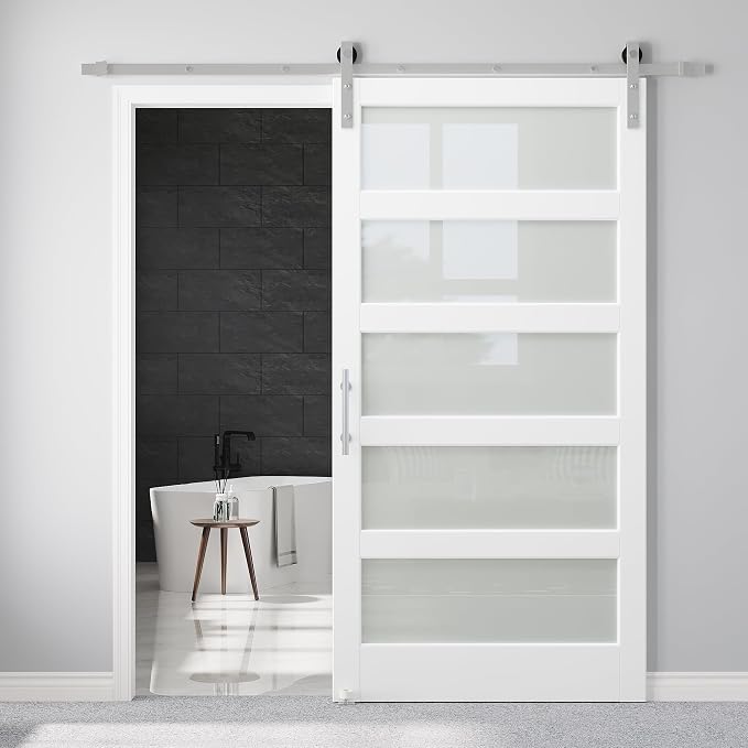 42" x 84" 5-Lites Glass Sliding Barn Door and 7FT Brushed Nickel Hardware Kit, Sturdy & Stable Mortise and Tenon Structure, Water Resistant Barn Doors for Bathroom, Pre-Drilled, Assembly Required