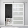 42" x 84" 5-Lites Glass Sliding Barn Door and 7FT Brushed Nickel Hardware Kit, Sturdy & Stable Mortise and Tenon Structure, Water Resistant Barn Doors for Bathroom, Pre-Drilled, Assembly Required