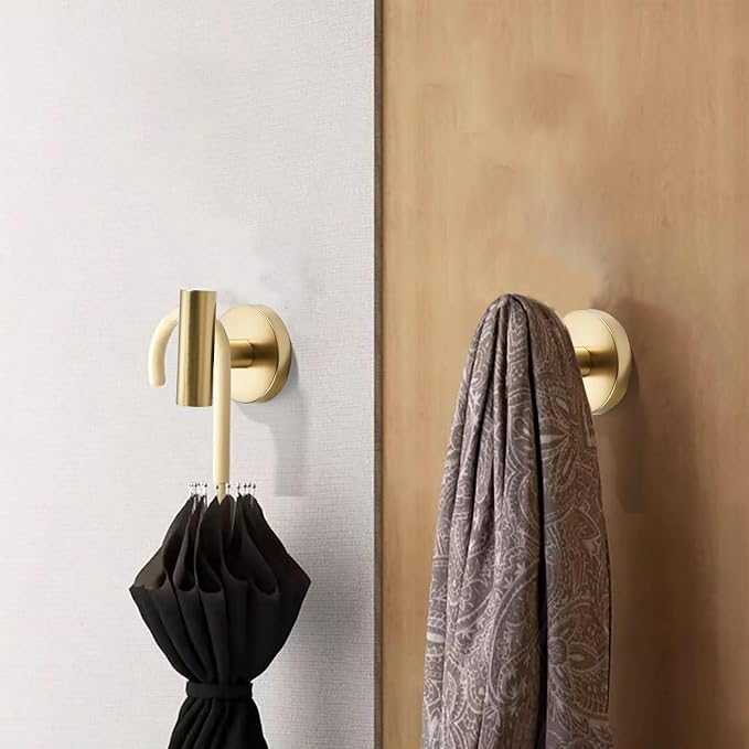 Wall Mounted Bathroom Towel Hooks for Hanging Clothes,Hat,5 Pack Champagne Brass Coat Hook Robe Hooks.Suitable for Hotels and bathrooms.
