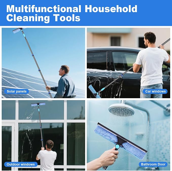 DOBEN 12-Foot Carbon Fiber Window Cleaner Tool with Telescopic Extension Pole, Rotating Scrubber & Squeegee - Sturdy Lightweight Design for Indoor/Outdoor Glass Cleaning