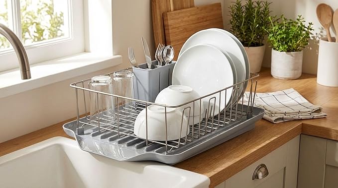 Farberware Classic 3-Piece Dish Drying Rack Set, Gray - Rust-Resistant Dish Rack for Kitchen Counter with Self-Draining Board and Flatware Caddy