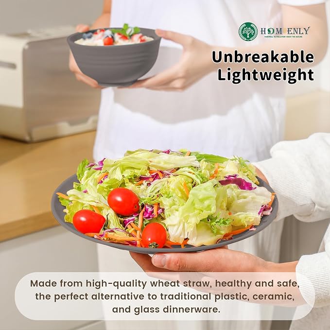 Homienly Wheat Straw Plates and Bowls Set, Lightweight & Unbreakable Dinnerware Set for Kitchen, Parties, Holidays, Microwave and Dishwasher Safe Dish Set - Plate Sets, Bowls, Cups, 24pcs (Grey Stone)