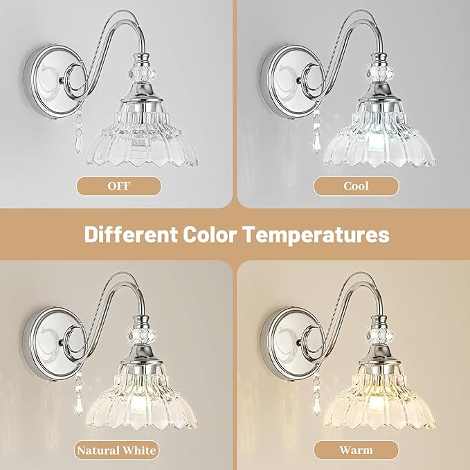 1 Piece Brushed Chrome Finish Wall Sconce, 1-Light Modern Wall Sconce with Hanging Crystal Accents and Flower-Shaped Clear Shades for Bathroom Bedroom Living Room,Modern Vanity Light