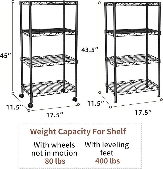 SINGAYE 4 Shelves Storage Shelf Wire Shelving Unit Metal Adjustable Wheels | Small Shelf Storage with Wheels Organizers Closet Unit for Bathroom Laundry Room Kitchen Pantry11.5D x 17.5W x 45H Black