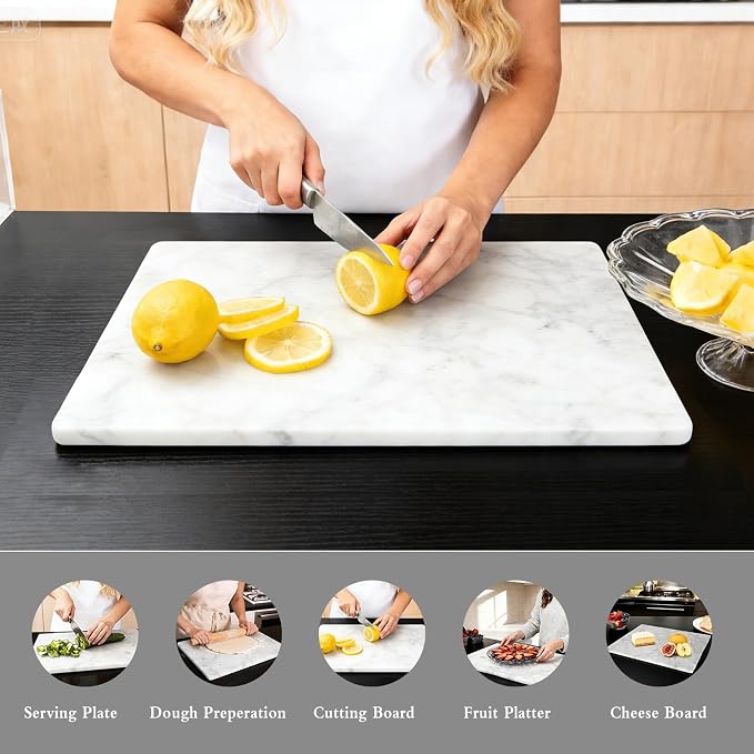 Marble Cutting Board for Kitchen 16×12 Inch Italian Carrara White | Natural stone, 0.59" thick, non-slip feet, stay cool for dough/butter, ideal for pastry, cheese, charcuterie, pizza, bread