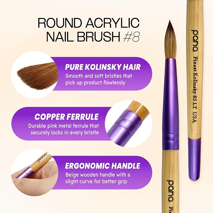 PANA Pure Kolinsky Hair Acrylic Nail Brush - Round Shape Purple Ferrule with Beige Wood Handle (Size 8)