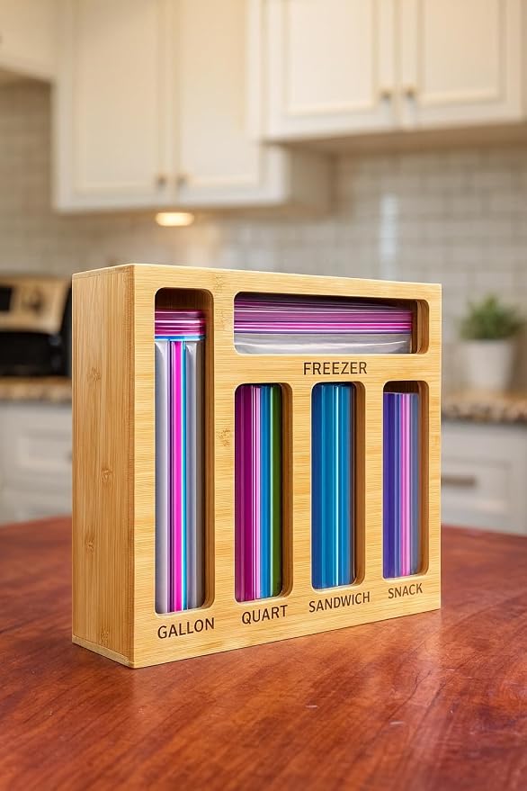 Food Storage Bag Organizer for Kitchen Drawer — Bamboo Plastic Bag Holder with 5 Slots for Gallon, Freezer, Quart, Sandwich and Snack Zip Top Bags, Drawer Organization (13.9 x 11.9 x 3.5 in)