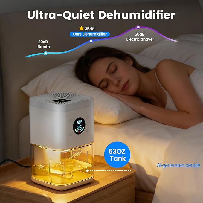Small Dehumidifier for Bedroom 63oz Auto Dehumidify (60/70%) & Continuous Mode, 35dB Ultra Quiet for Bathroom Apartment Home Closet RV, Portable Auto Defrost & Auto Shut-Off, 7-Color & Timer, White