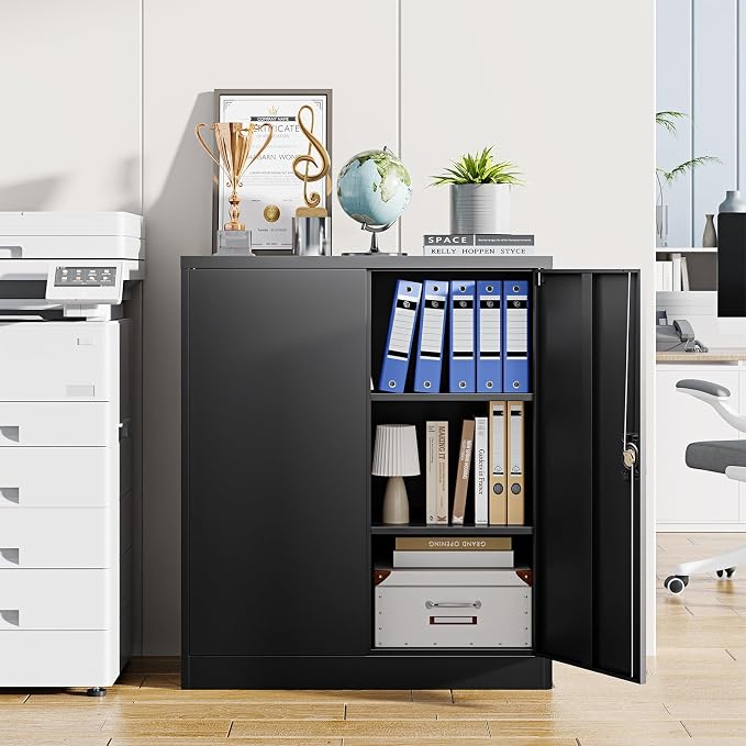 Metal Storage Cabinets with Lock Door,2 Adjustable Shelves Organizer Steel Storage Cabinets for Home,Office,Warehouse,Garage,Employee Lockers(Black)