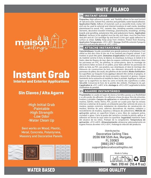 À LA MAISON CEILINGS Instant Grab White Adhesive - Ceiling Tile Wall Panel & Crown Molding Adhesive - High-Strength Water-Resistant Glue for Indoor/Outdoor Use - Easy-Apply Quick-Bond Formula (4-Pack)