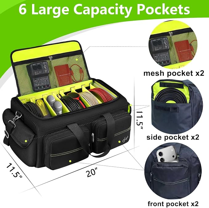 SNIGJAT DJ Bag, Large Capacity DJ Cable Bag with Detachable Hard Dividers | Gig Bag for Musicians with 6 Pockets for Extension Cords, Mics, Cable Organizer with Padded Shoulder Strap, DJ Accessories