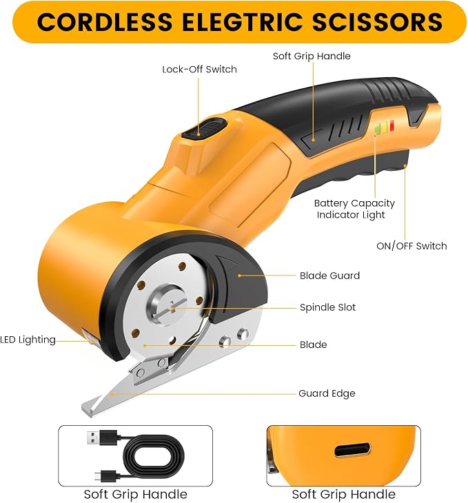 Tanson Cordless Electric Scissors Cardboard Cutter 4V Mini Rechargeable Box Cutter Tool with 4 Blades & Safety Lock & LED Light & Storage Case for Cutting Fabric Carpet Carton Plastic Leather Paper