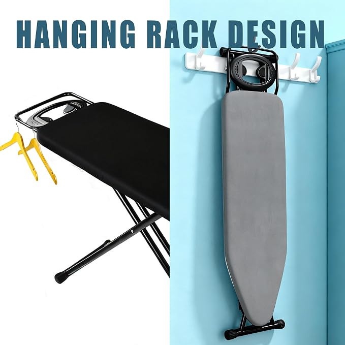 Ironing Board Full Size, Heat Resistant Cover Iron Board with Steam Rest, Ultra Thick Padding, Height Adjustable Heavy Sturdy Metal Frame Legs Ironing Stand,Non-Slip Foldable (54"x13", Round Rest)