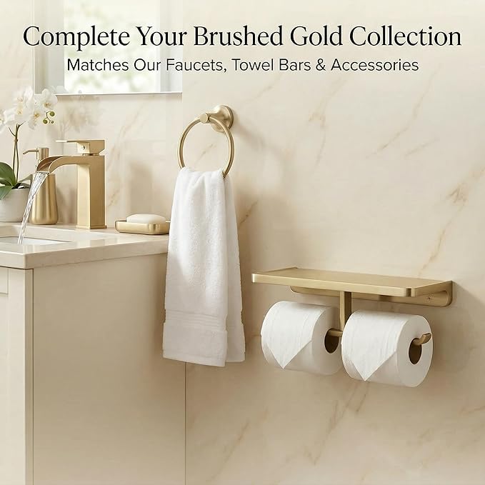 Dual Roll Toilet Paper Holder with Phone Shelf, Solid Metal Bathroom Accessory Tissue Dispenser Storage Wall Mounted, Spot Resist, Brushed Gold