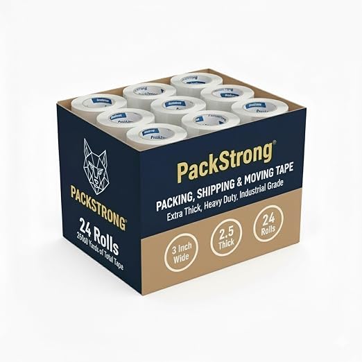 Packstrong Industrial Grade Clear Packing Tape 24 Rolls - 110 Yards per Roll - 3" Wide x 2.5 mil Thick, Acrylic Adhesive Heavy Duty Tape for Box Office Moving Packaging Shipping