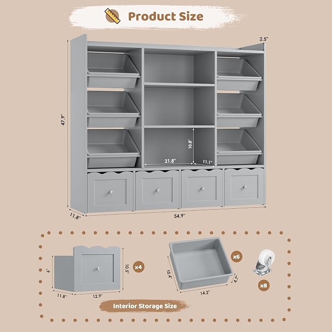 HITHOS 55" W Kids Toy Storage Organizer with 10 Toy Box & Book Shelf, Gray | Large Toy Organizers and Storage with Kids Bookshelf & 6 Plastic Toy Chests & 4 Movable Drawers for Kids Room, Playroom