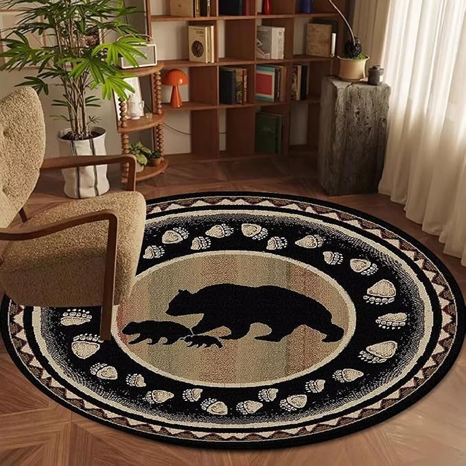 Empire Bear Cabin Round Rug for Hallway Vintage Rustic Lodge Circle Rugs Black Indoor Door Mat Bear Seals Print Carpet Mats 2ft