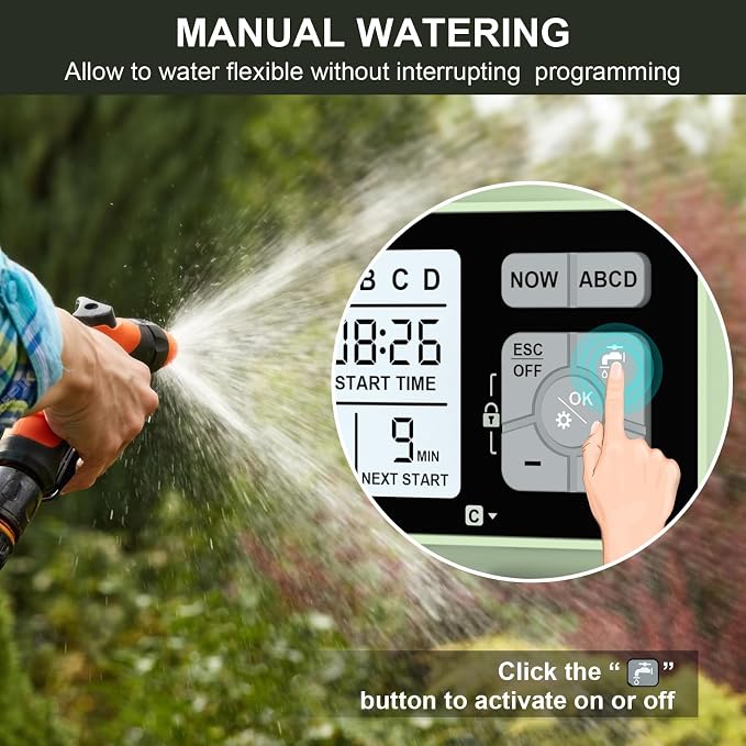 Watering Timer 4 Zone, Sprinkler Timer,Programmable Garden Outdoor Hose Faucet Timer with Rain Delay/Manual/Automatic Watering System,Water Hose Irrigation Timers 4 Outlet for Garden Lawn