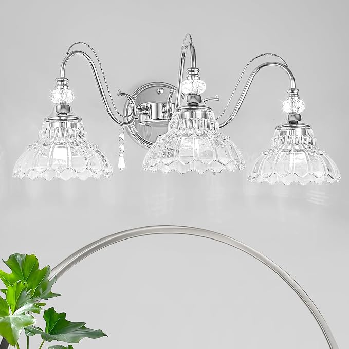 Brushed Chrome Bathroom Vanity Light, 3-Light Chrome Finish Wall Sconce with Hanging Crystal Accents and Flower-Shaped Clear Glass Shades, Modern Wall Mount Vanity Light Over Mirror for Bathroom