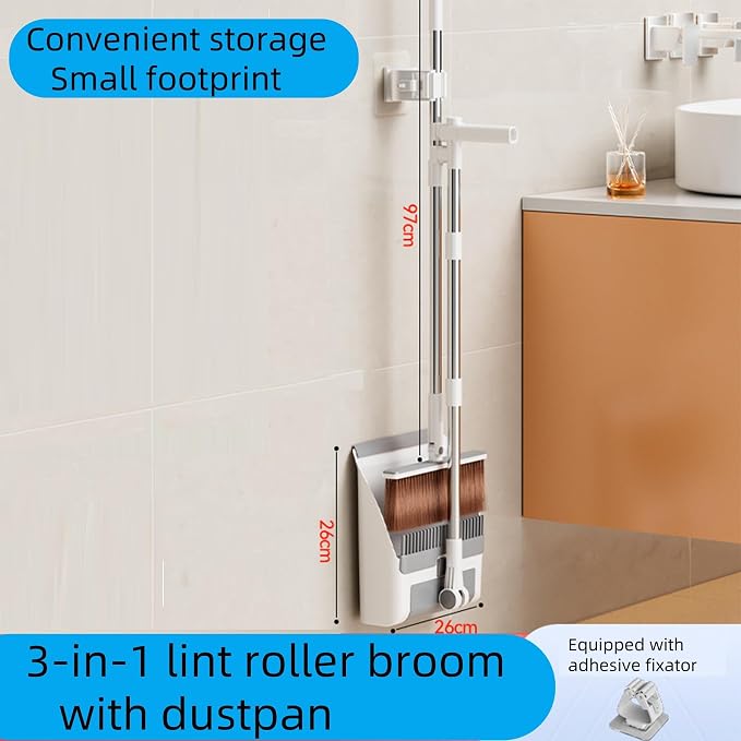 SDSM Broom with Dustpan Combo Set, 3 in 1 Multifunctional Broom and Dustpan with 43" Long Handle, Concealed Lint Roller, for Clean Home Kitchen Bathroom Office, Indoor Outdoor Floor