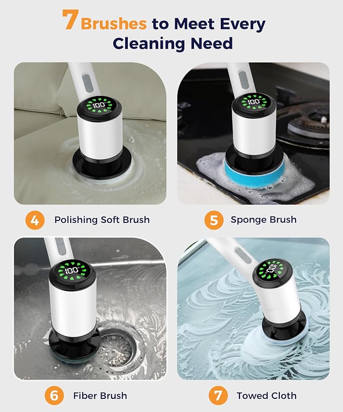 Cordless Electric Spin Scrubber with 7 Brush Heads, White-te1 | Adjustable long handle for shower, tile, grout, sink, tub, floor, and car wheel cleaning