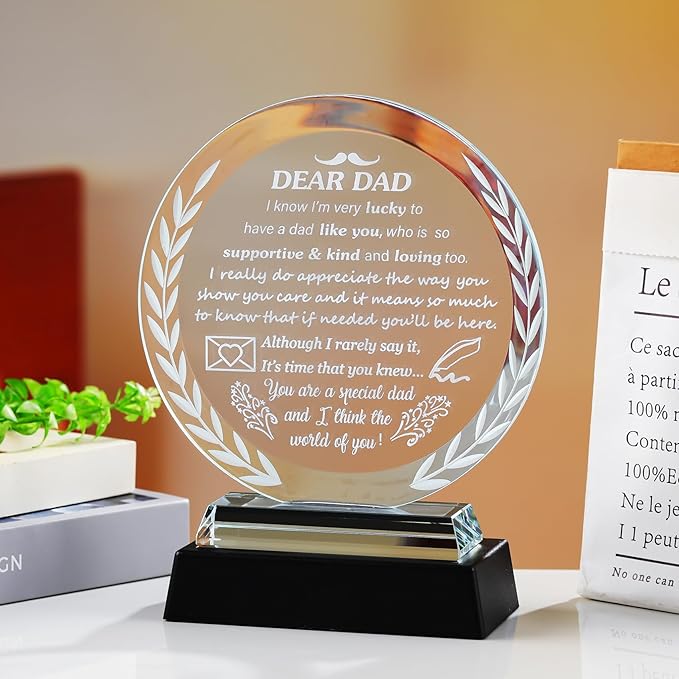 Arikyrist Fathers Day Dad Gifts from Daughter Son Crystal Dad Plaque with LED Light Base Presents for Dad's Birthday Christmas