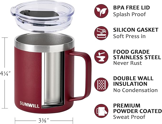 SUNWILL Travel Coffee Mug with Lid, Insulated Tumbler with Handle, 14 oz Stainless Steel Cup for Ice, Water, Tea, Powder Coated Wine Red